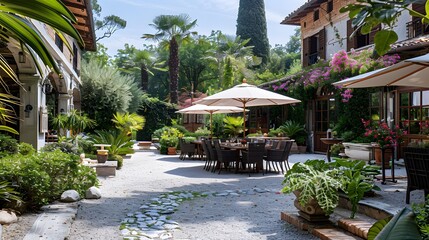 Wall Mural - Charming outdoor restaurant patio surrounded by lush greenery and blooming flowers under a sunny sky