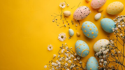 Happy easter stylish dyed easter eggs with spring flowers on yellow background