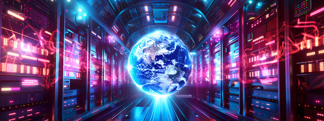 Wall Mural - Futuristic Server Room with Global Connectivity
