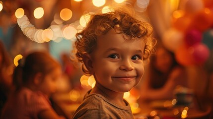 Wall Mural - A young child with curly hair is smiling at the camera. The scene appears to be a family gathering or a party, as there are other people in the background. The child is the main focus of the image