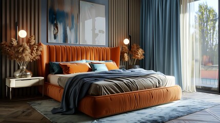 Wall Mural - interior design of elegant bedroom with big orange bed beige and grey bedclothes blue curtain rug modern lamp night stand vase with dried flowers and personal accessories