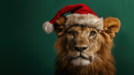 Wall Mural - A lion wearing a Santa hat looks directly at the camera