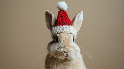 Wall Mural - A close-up photo of a cute rabbit wearing a red knitted Santa hat