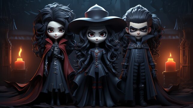 Cartoon vampire characters 3d. group of people in dark clothes. Halloween concept.