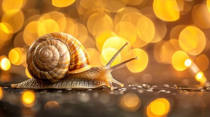 A snail is on a surface with a blurry background