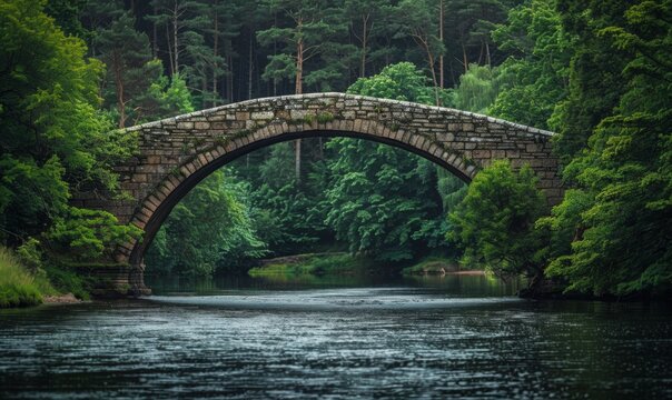 An old, stone bridge arching over a serene river with dense forest on either side