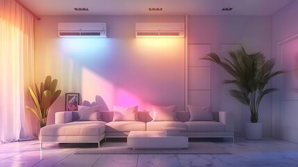 Wall Mural - Modern living room interior with air conditioner television set potted plant and sofa