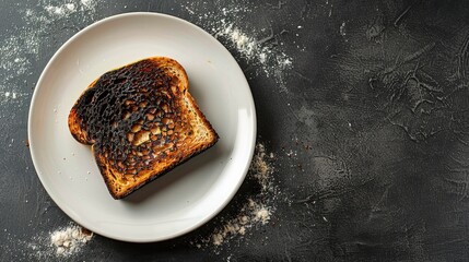 Canvas Print - Charred slice of bread on white plate with copy space Failed kitchen mishap symbolizing low self esteem