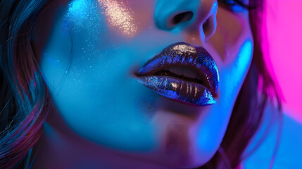 Wall Mural - High Fashion model metallic silver lips woman in colorful bright neon blue and purple lights posing in studio beautiful girl trendy glowing makeup colorful make up Glitter Vivid neon m : Generative AI