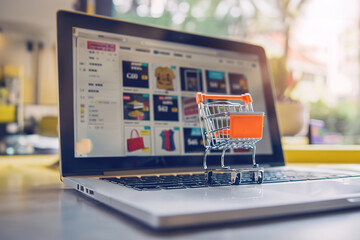 Wall Mural - Online shopping on laptop: Person browsing products on a laptop for e-commerce.