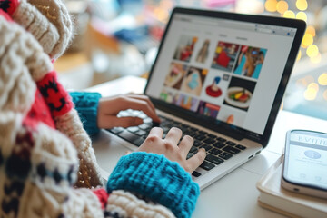 Wall Mural - Clothes, fashion, Online shopping on laptop: Person browsing products on a laptop for e-commerce