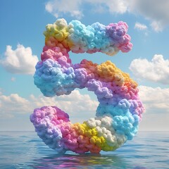 Wall Mural - Vibrant 3D Rendered Clouds Forming the Number 5 Over a Serene Ocean Backdrop