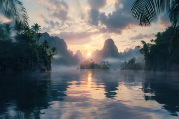 Wall Mural - realistic of river and hill at sunrise, 3d render illustration.