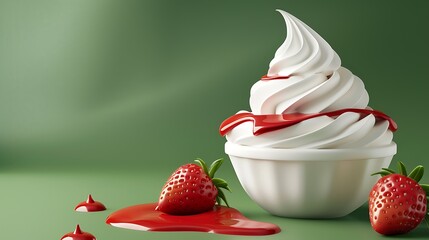 Wall Mural - Whipped cream with strawberry sauce on a green background very detailed and realistic shape