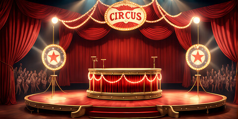 Canvas Print -  Circus stage podium background 3D carnival light red show curtain. Circus platform stage podium tent theater arena sign vintage spotlight circle stand bulb ringmaster ring cirque cartoon party cinema
