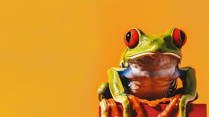 Red eyed tree frog in a yellow background