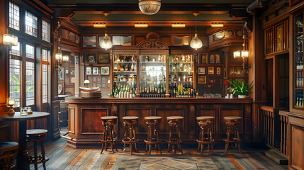 Wall Mural - Old bar scene. Traditional or British style bar or pub interior, with wooden paneling