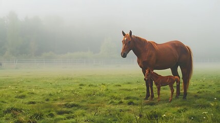 Canvas Print - Red mare and foal on green pasture on fog morning