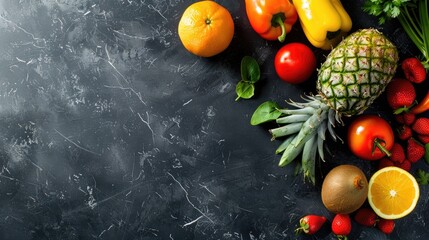 Wall Mural - Fresh ripe vegetables and tropical fruits on black stone background top view with space for text