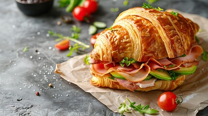 Salted healthy breakfast on light background fresh sandwich with croissant bun cream cheese avocado ham