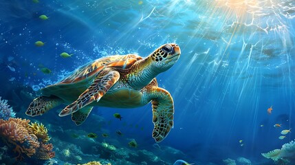 Wall Mural - Sea turtle swimming along deep blue ocean reef in morning sun rays