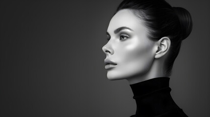 Wall Mural - Black and white fashion art studio portrait of beautiful elegant woman in black turtleneck Hair high beam perfect profile face Elegant beauty style : Generative AI