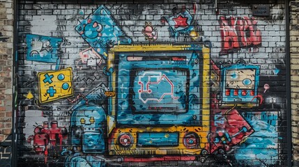 Wall Mural - a brick wall covered with graffiti in 90s aesthetics, bright colors, neon