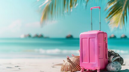 Wall Mural - Summer stuff with pink luggage on the white sand beach background banner of the tropical travel concept