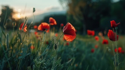 Wall Mural - Red Poppies in a Field at Sunset