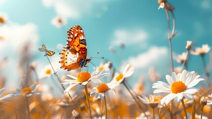 Close-up macro shot of vibrant chamomile flowers swaying gently in a meadow, accompanied by a graceful butterfly, set against a backdrop of a clear blue sky with scattered clouds