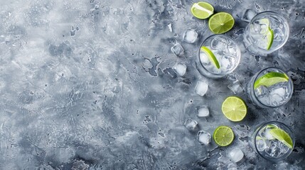 Tasty drinks with lime and ice spheres on gray surface seen from above Room for text