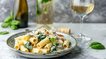 Elegant Rigatoni Pasta with Creamy Mushroom Spinach Almond Parmesan Sauce, Paired with White Wine on Marble Table - Food Styling Stock Photo Concept