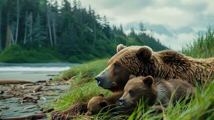Wall Mural - Two brown bear cubs are seen suckling from their mother in the mother is laying on a meadow near the beach and is looking towards the forest