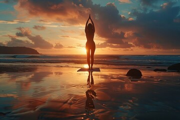 Silhouette of woman doing yoga on the beach at sunset