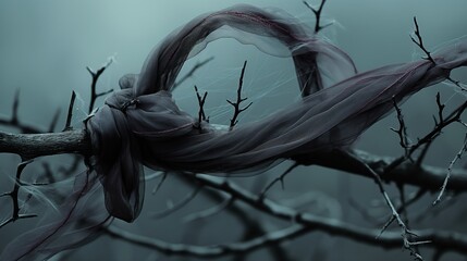 Canvas Print - A purple scarf hangs delicately on a branch in a misty forest