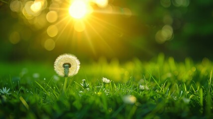 Wall Mural - A dandelion seed in the wind, with a green grass background, blurry defocus effect, macro photography style, soft lighting.