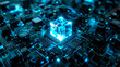 © WinThing - Abstract glowing cube on black circuit board background representing advanced technology and digital data concept.