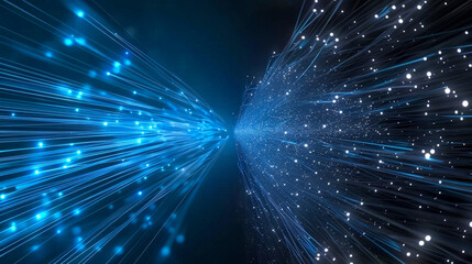 Wall Mural - Abstract image of blue light streaks merging on dark background, representing technology, data transfer, and digital communication.