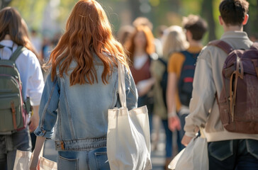 Wall Mural - A young woman with long red hair, wearing jeans and an open jacket over the top is walking on a school campus carrying her white tote bag in one hand while smiling at the camera