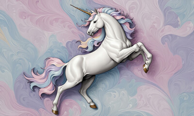 Wall Mural - Fantasy Illustration of a wild unicorn Horse. Digital art style wallpaper background in pastel colors.