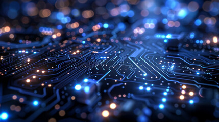 Close-up of a blue highlighted circuit board showcasing intricate electronic pathways and glowing lights in a technology background.