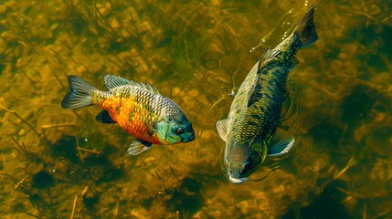 Wall Mural - Two fish swimming in a lake with green grass.