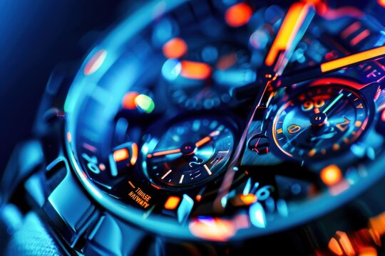 A close-up photo showcasing the intricate details of a watch face, illuminated by vibrant blue and orange light