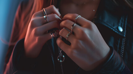 Canvas Print - Womans hands close up wearing rings and necklace modern accessories elegant lifestyle 2020 : Generative AI