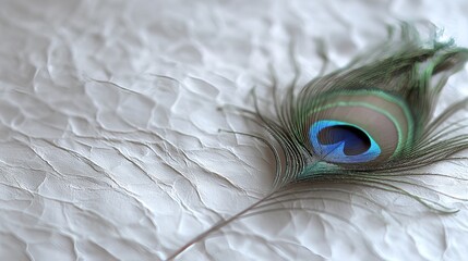 Canvas Print - A close-up of a peacock feather with its distinctive eye pattern, resting on a textured white surface