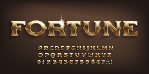 Wall Mural - Fortune alphabet font. 3d gold letters and numbers. Stock vector typeface for your design.