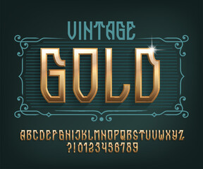 Wall Mural - Vintage Gold alphabet font. 3d old letters and numbers. Stock vector typeface for your design.