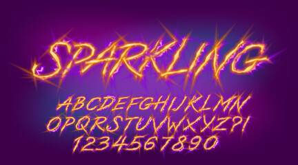 Poster - sparkling alphabet font. distorted neon color letters and numbers. stock vector typeface for your de