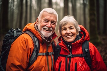 Wall Mural - Elderly couple in bright outdoor jackets smiling while hiking in a foggy forest.