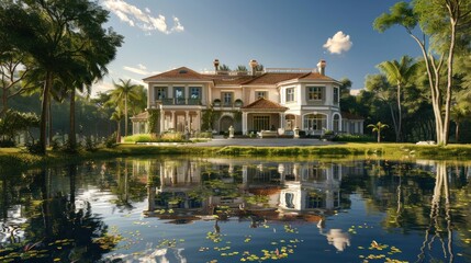 Wall Mural - Colonial Villa with Reflective Pond and Blue Sky 